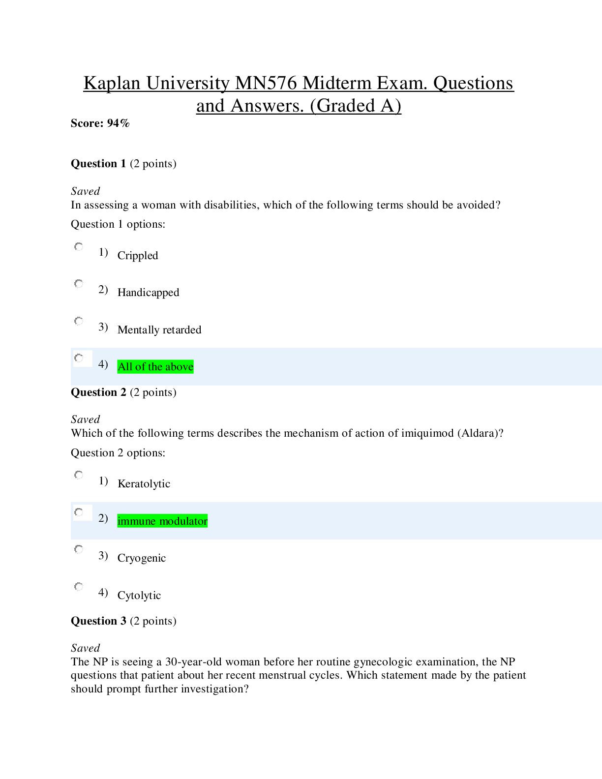 Preview image for Kaplan University MN576 Midterm Exam. Questions  and Answers. (Graded A)